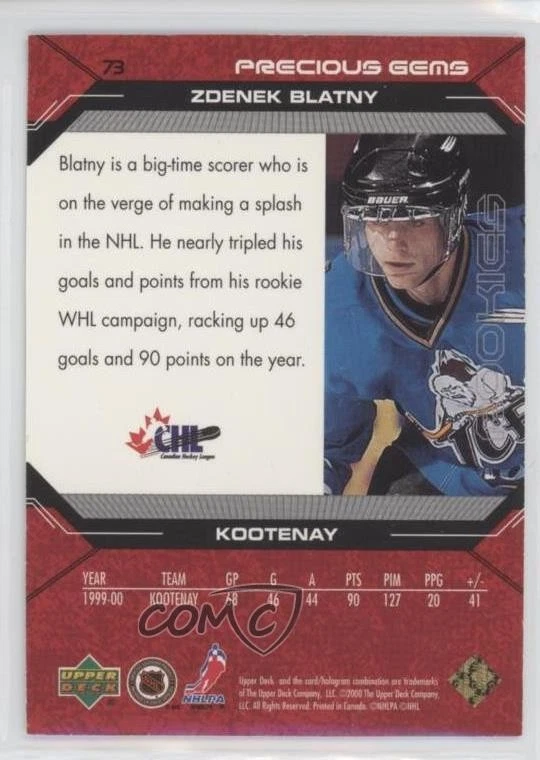 2000-01 Upper Deck Black Diamond Precious Gems Gold /100 Zdenek Blatny Rookie RC - Image 2 of 2