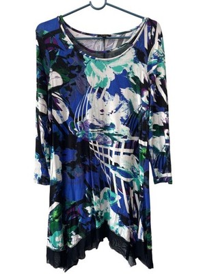 Cupio Tunic Top Size Large Floral 3/4 Sleeve Mesh Handkerchief Hem Blue Bohemian