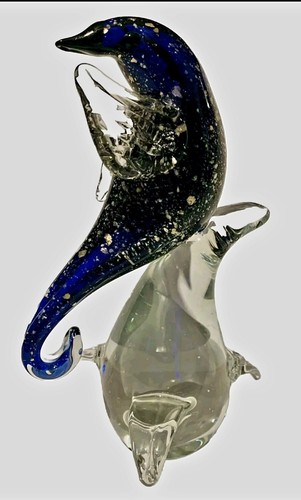 Vintage Hand Blown Cobalt Blue Italian Art Glass Dolphin Riding Wave Gold Flake - Imagen 2 de 16