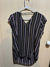 Ladies DR2 Black/Red/Yellow Stripe Short Sleeve V Neck Blouse - Size M