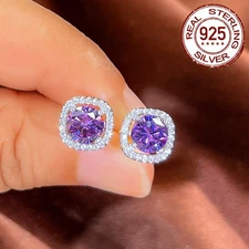 Elegant Purple Cubic Zirconia Sterling Silver Stud Earrings Women Bridal Jewelry