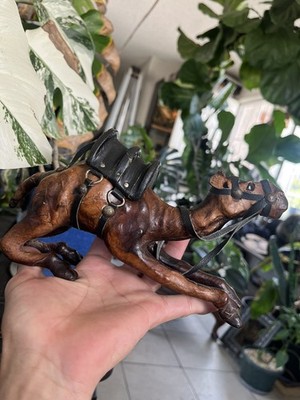 Vintage Dark Leather Wrapped Camel w glass eyes Kneeling w Saddle & Bridle 8''x5 