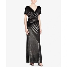 Lauren Ralph Lauren 2 Black Metallic Velvet Gathered Short Sleeve V-Neck Dress