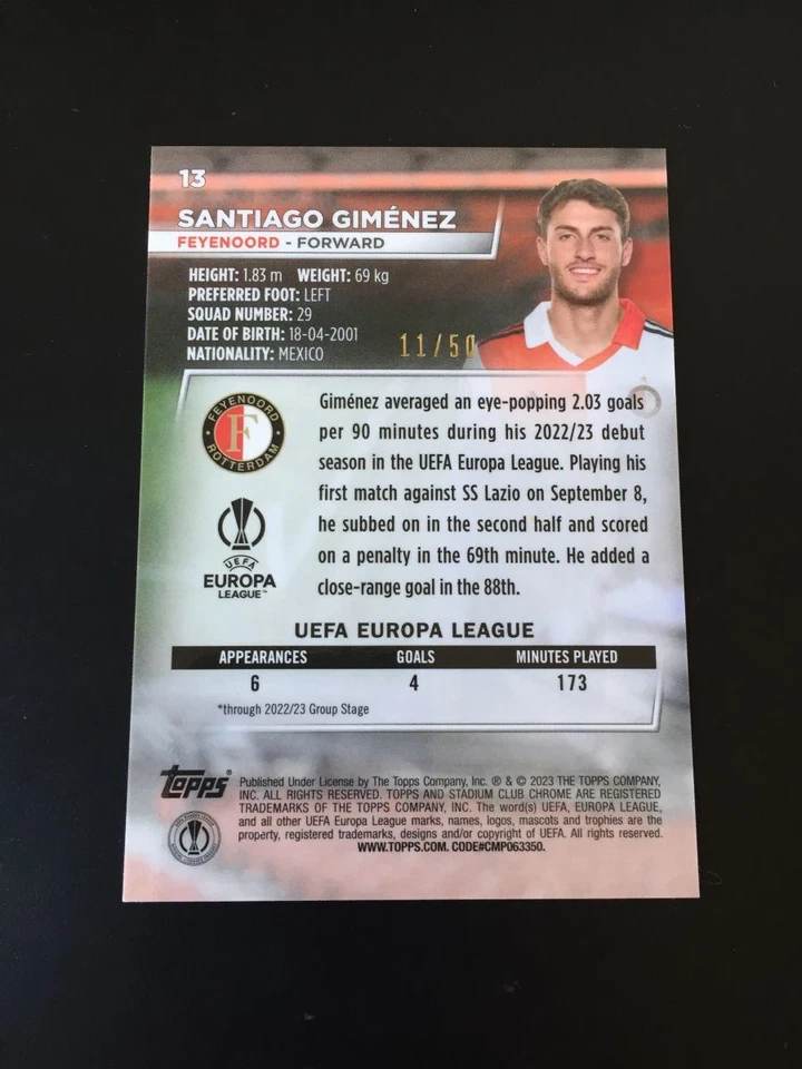2022-23 Topps Stadium Chrome Santiago Gimenez RC Gold 11/50 Mexico AC Milan - Image 2 of 2