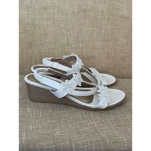 Womens White Floral Embellished Elastic Slingback Wedge Sandals Comfort Size 6 - Picture 2 of 7
