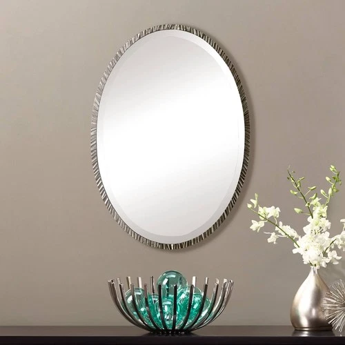 Oval Vanity Accent Wall Mirror Nickel Metal Frame 20" Wide for Bathroom Bedroom - Picture 1 of 4
