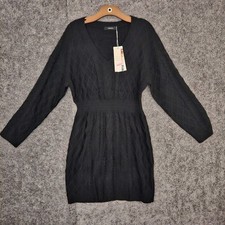 Dokotoo Womens Black Cable Knit V-Neck Long Sleeve Sweater Mini Dress Size L NWT
