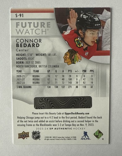 CONNOR BEDARD 2023-24 SP Authentic Spectrum FX FUTURE WATCH Rookie SP #S91 RC UD - Picture 2 of 2