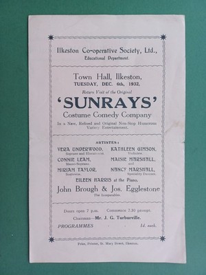 DEC 1932 PROGRAMME ILKESTON CO-OP SOC. LTD ''SUNRAYS'' COSTUME COMEDY COMPANY