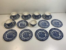Vtg Set Libertyware Blue Staffordshire Ironstone Plates, Cups & Saucers 18 Piece
