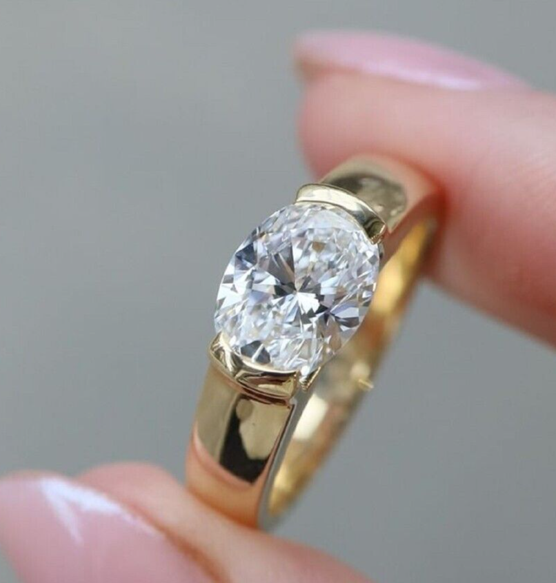 Tension Set Moissanite Wide Band Ring East West Oval Solitaire