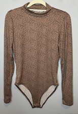 Women  s Long Sleeve Animal Print Bodysuit Small Brown High Neck