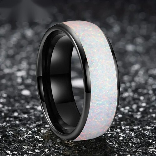 8MM Tungsten Carbide Ring Band Dome Polished Pink Opal Inlay Men Women Ring - Picture 5 of 10