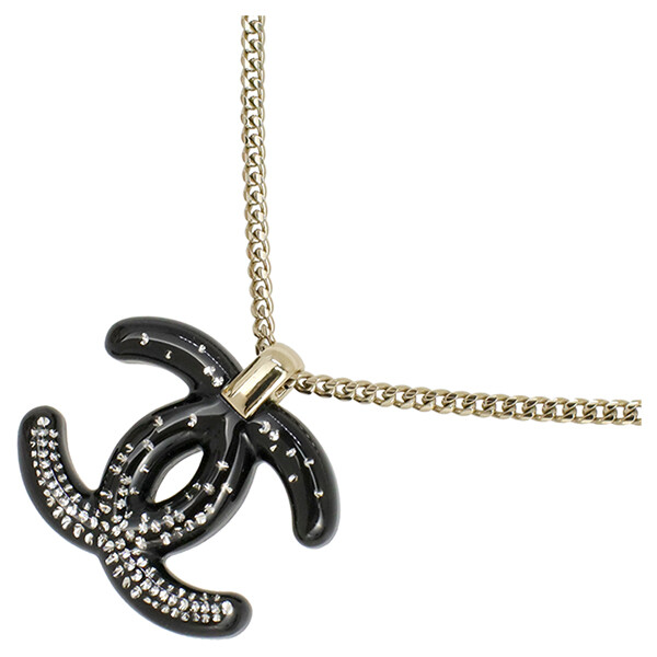 Chanel Necklace Coco Mark Resin Gp Black Gold Chain Plastic