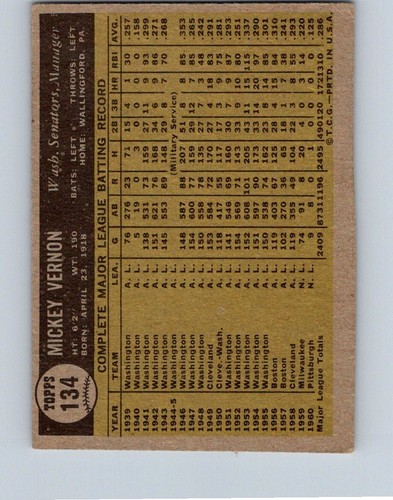 VINTAGE BASEBALL CARD TOPPS 1961 MICKEY VERNON WASHINGTON SENATORS NO13 - Picture 2 of 2