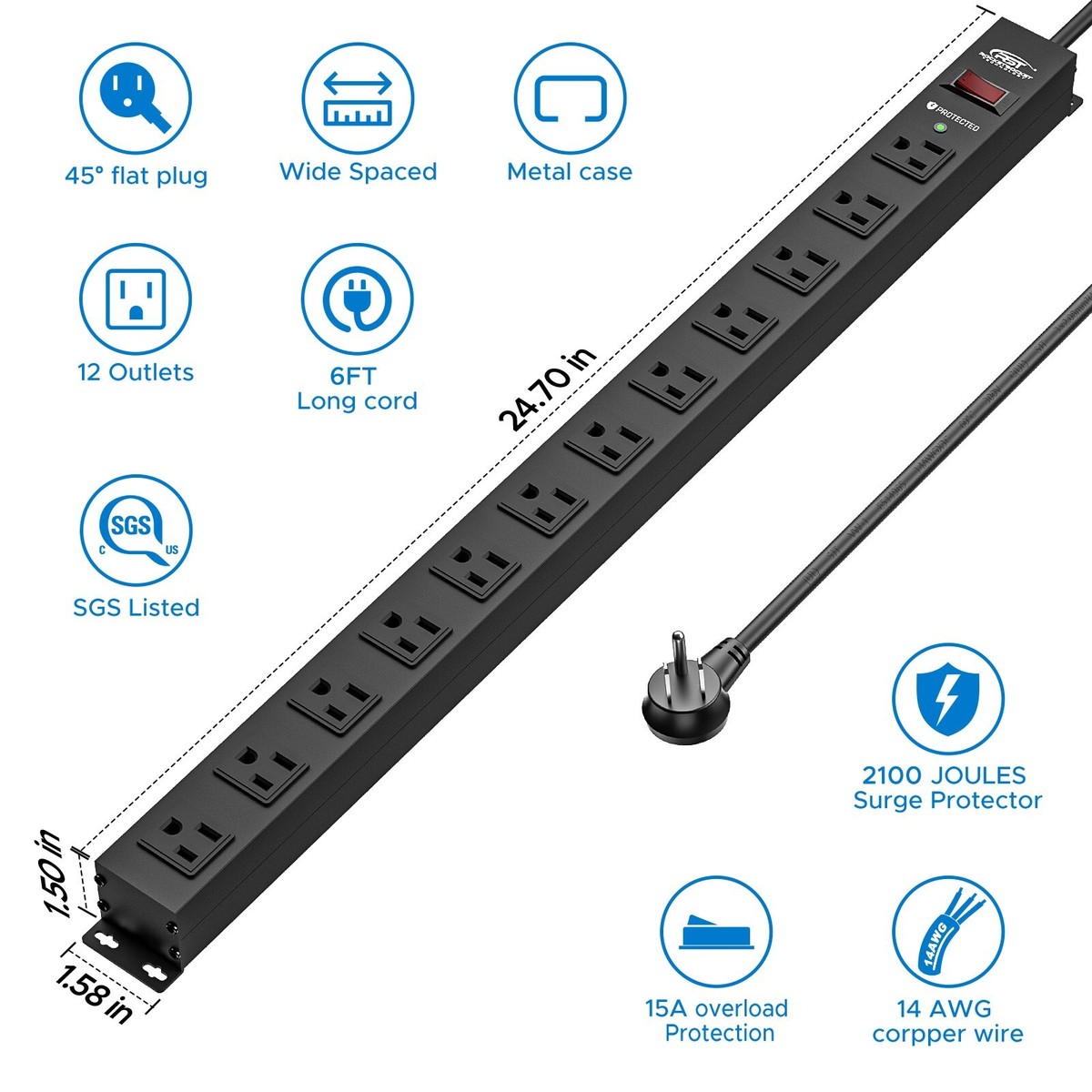19 Inch 1U Rack Mount PDU - 8 Outlet Power Strip With Surge Protection 15A 1875W