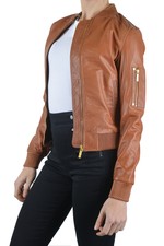 Womens Mk Michael Kors Classic Brown Tan Cropped Leather Jacket Ladies Zip Up