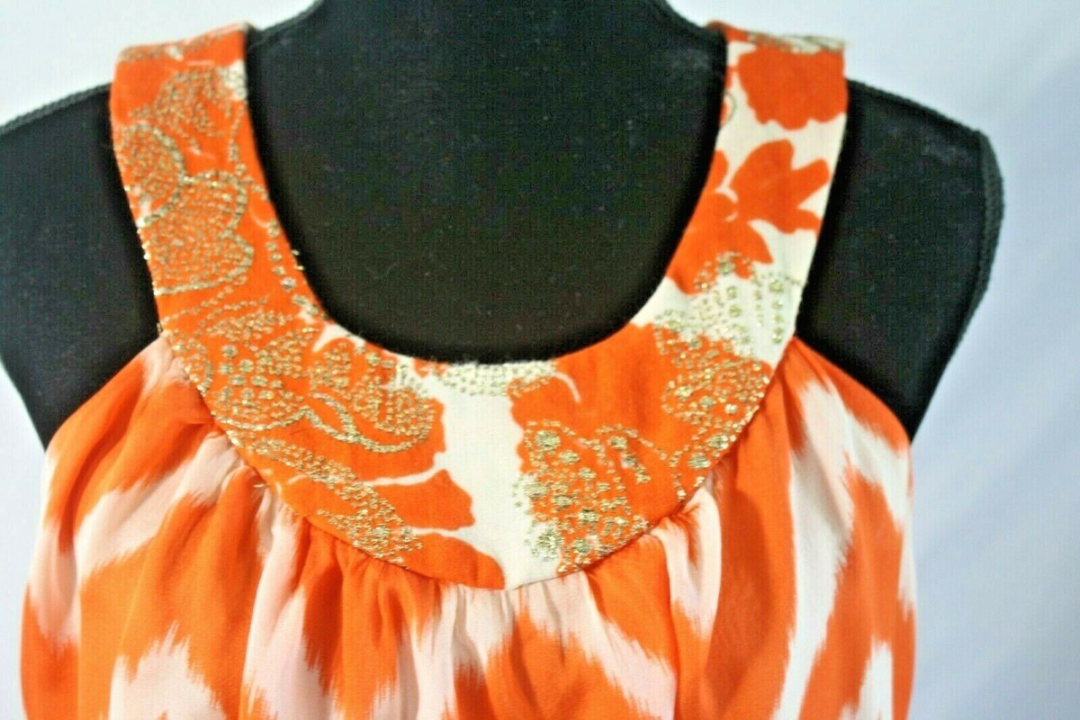 Milly womens S blouse orange/white zig zag sleeveless gold