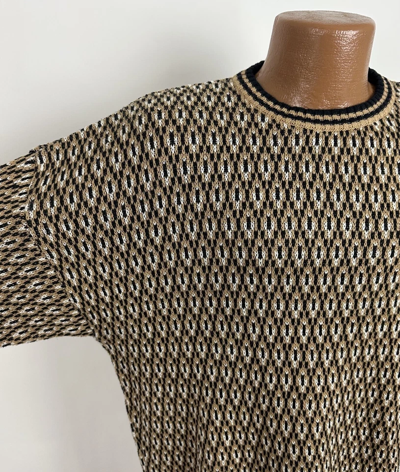 Vintage 90s PERRY ELLIS Golf Sweater L Beige Diamond Medallion Paisley Preppy  - Image 4 of 4