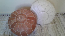 Pair (2) NEW Luxury Moroccan Leather Ottoman Pouffe Pouf Footstool In White+Tan