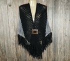 New Black Gray Colorblock Hand Knitted Loose Knit Shawl Wrap Scarf Boho Hippie