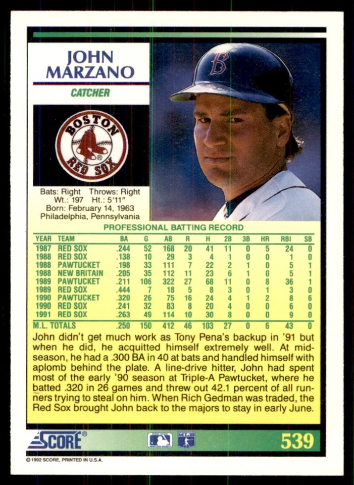 1992 Score John Marzano Boston Red Sox #539 - Image 2 of 2