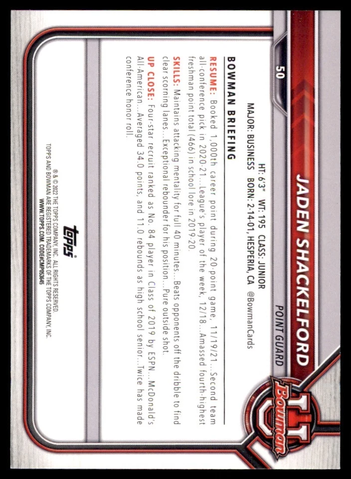 2021-22 Bowman University # 50 Jaden Shackelford - Image 2 of 2