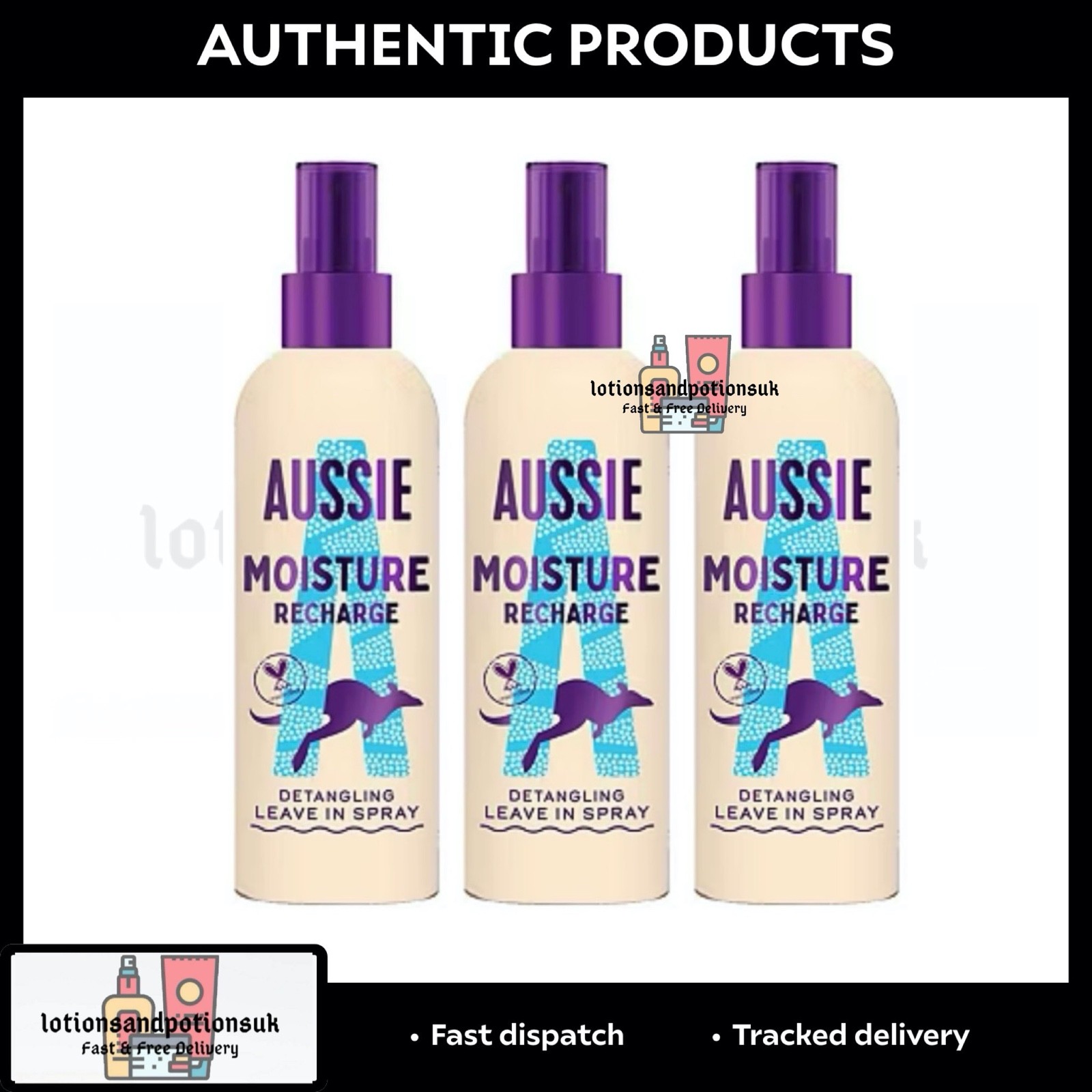 3 x Aussie MOISTURE RECHARGE Detangling Leave In Spray Conditioning Spray 250ml