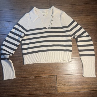 Happily Grey Women s Large Black/White Striped V-Neck Pullover Long Sleeve
