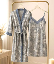 Womens S Gray Floral Print Soft Knit Robe  Nightgown Set 3/4 Sleeve Lace Comfy