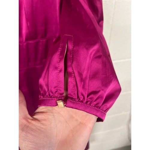 Robe midi cocktail soyeuse neuve avec étiquette Mac Duggal taille 10 rose col haut satin manches 3/4 - Photo 10 sur 10