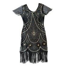 Yessa Flapper Dress Women L Black NEW 1920s Gatsby Sequin Fringe Art Deco Party