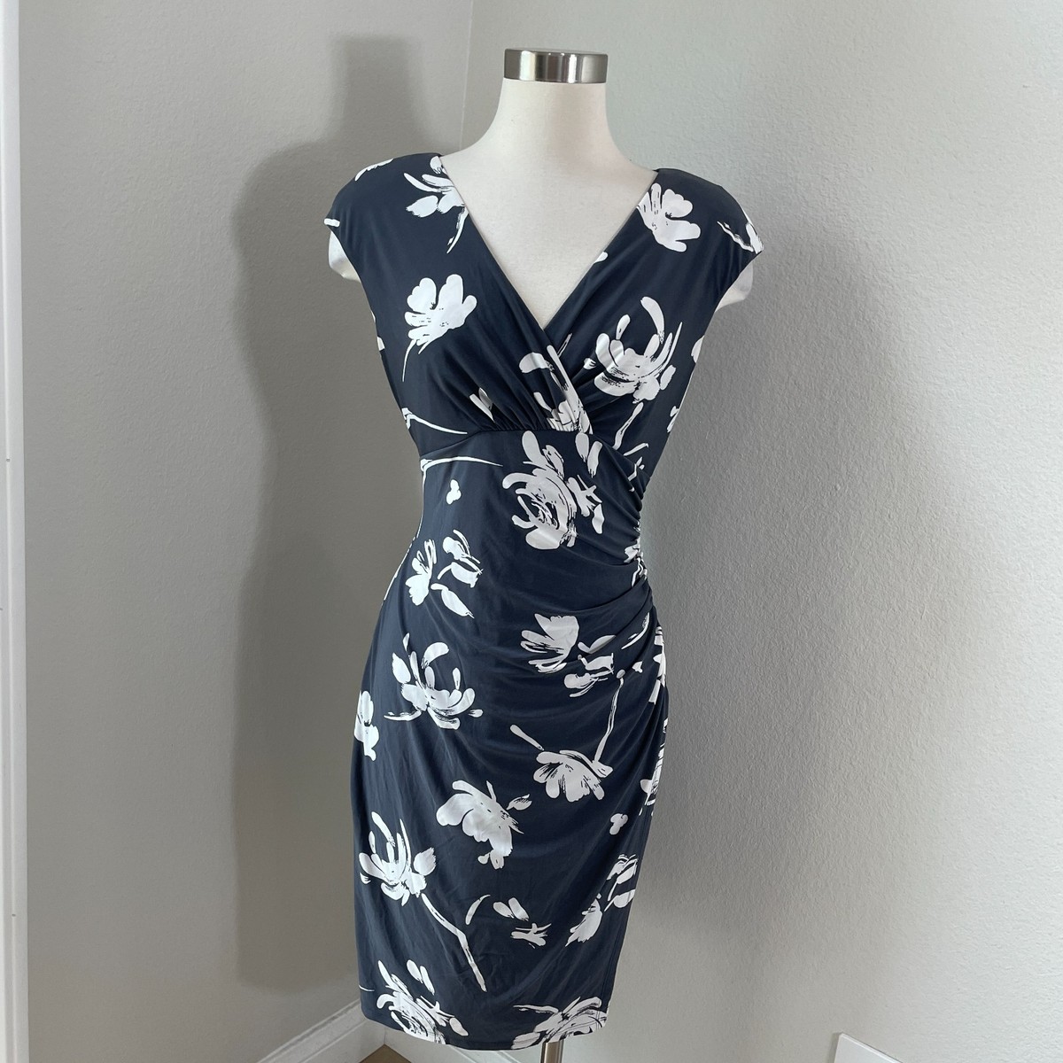Lauren Ralph Lauren Womens 10 V Neck Ruched Gray Floral Jersey Dress  Sleeveless | eBay