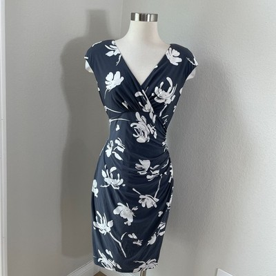 lauren ralph lauren floral ruched jersey dress Lauren Ralph Lauren Dress Womens Petite XS Navy Floral Wrap Midi Jersey  Ruched