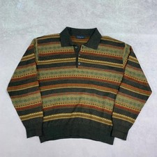 Vintage Knitted Jumper Abstract Patterned 1/4 Button Grandad Knit Sweater Men's