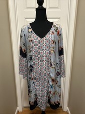 Fig And Flower Anthropologie Boho Blue Floral Dress Size L Bell Sleeve