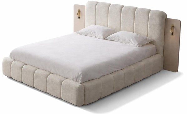 Beiges Bett Doppelbett Mit Gepolstertem Kopfteil SchlafzimmermöBel-image