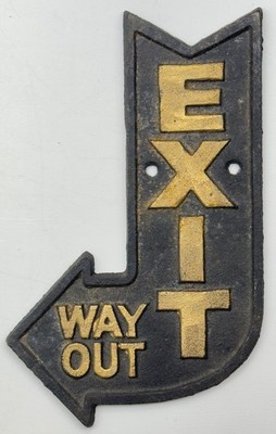 Vintage EXIT WAY OUT Black Wall Sign 8  Heavy Metal Decor Man Cave Theater READ