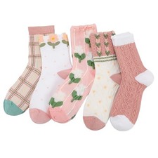 /6 Pairs Frilly Socks for Women Lace Ruffles Ankle Casual Flower Floral 5 Pink
