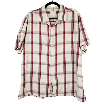Tommy Bahama Mens XXL Silk Short Sleeve Plaid Button Up Shirt Red Cream Marlin