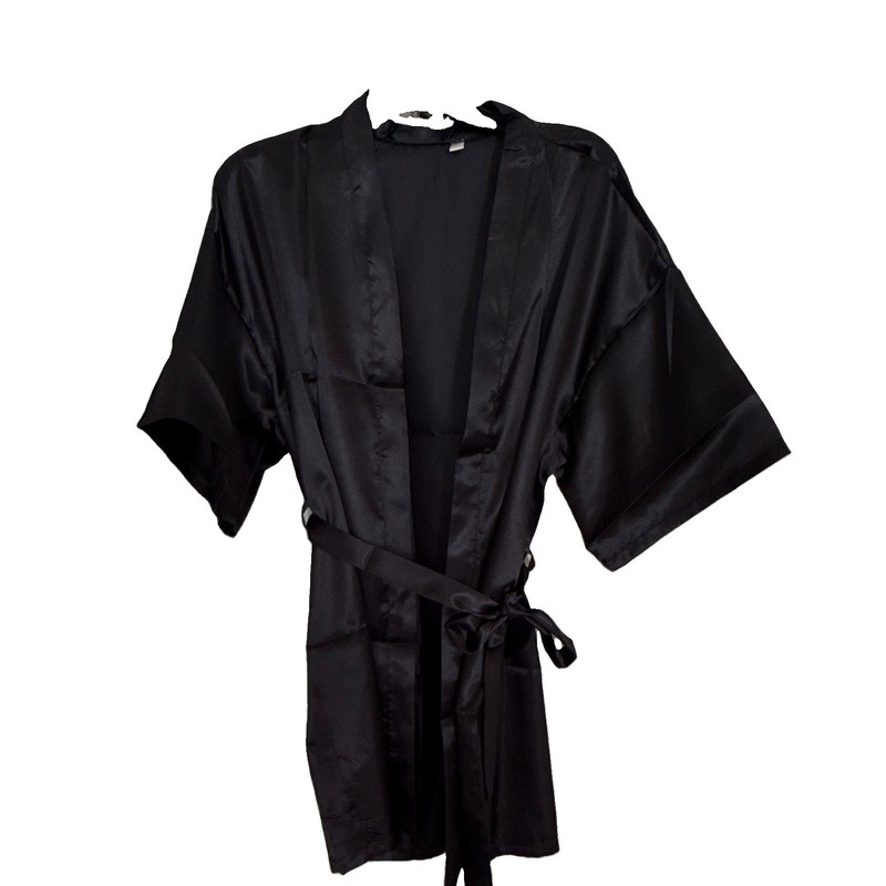 Set of 4-Women's Black Satin Polyester Robe V-Neck Short Sleeve Tie Belt O/S