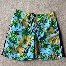 NAUTICA MANS SWIM TRUNKS, 36, BIG SPLASHY FLORAL ON BLUE, TWO POCKET, LINED