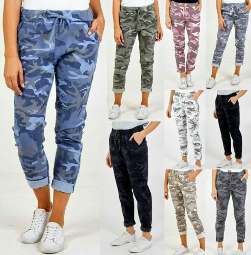 Ladies Womens Italian Stretch Camouflage Army Print Trousers Magic Joggers UK - Picture 1 of 51