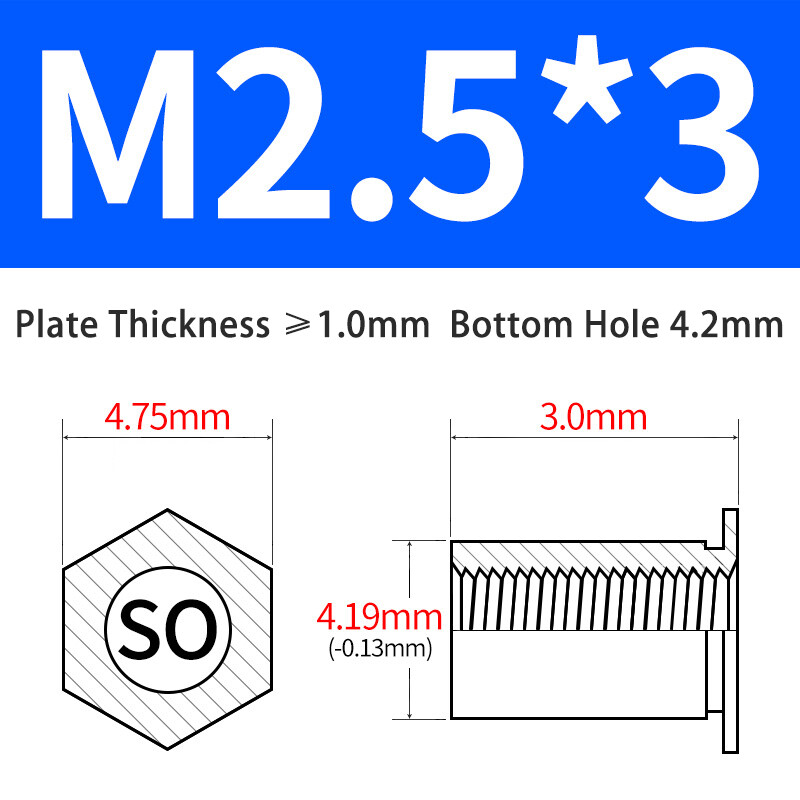 M2.5 Rivet Studs Self Clinching Carbon Steel Blue Zinc Riveting Nut Through Hole