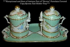 Exquisite Sevres Porcelain Pair Of Covered Cups With Spoons And Tray Cups Holder