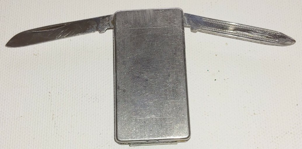 Vintage Silver Tone Money Clip with Knife and Nail File Made in Japan-image