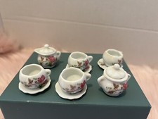 Miniature Ceramic 12 Piece Tea Set White With Pink Rose Floral Doll House