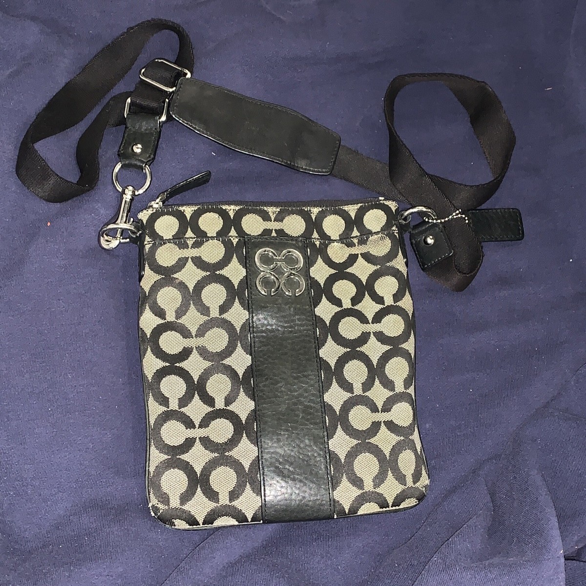 COACH Swingpack Khaki Black Crossbody Shoulder Bag Leather Trim