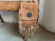American Western Native Suede Leather Crossbody Handbag With Fringe Beaded Tan B
