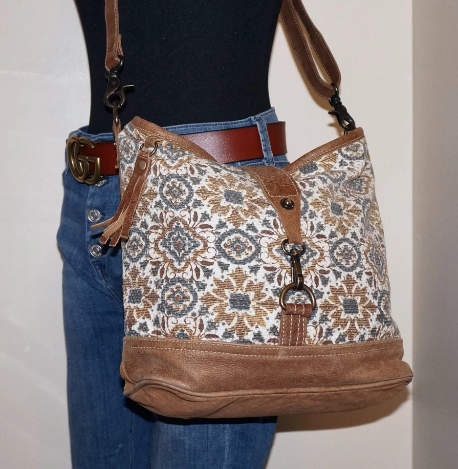 MYRA Tan, Gray, & Ivory Cotton Canvas & Leather Crossbody Shoulder Bag - Image 2 of 4